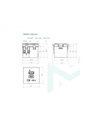 Módulo plano de 45x45 con doble cargador USB A+C 5V 4.2A EPUAC4/4 de Mmconecta