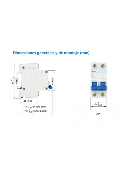 Interruptor automático bipolar para viviendas 6kA NXB-63-2 de Chint Electric