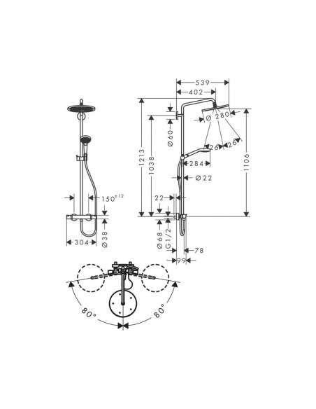 Columna de ducha negra SHOWERPIPE CROMA S 280 1 jet 26890670 de Hansgrohe